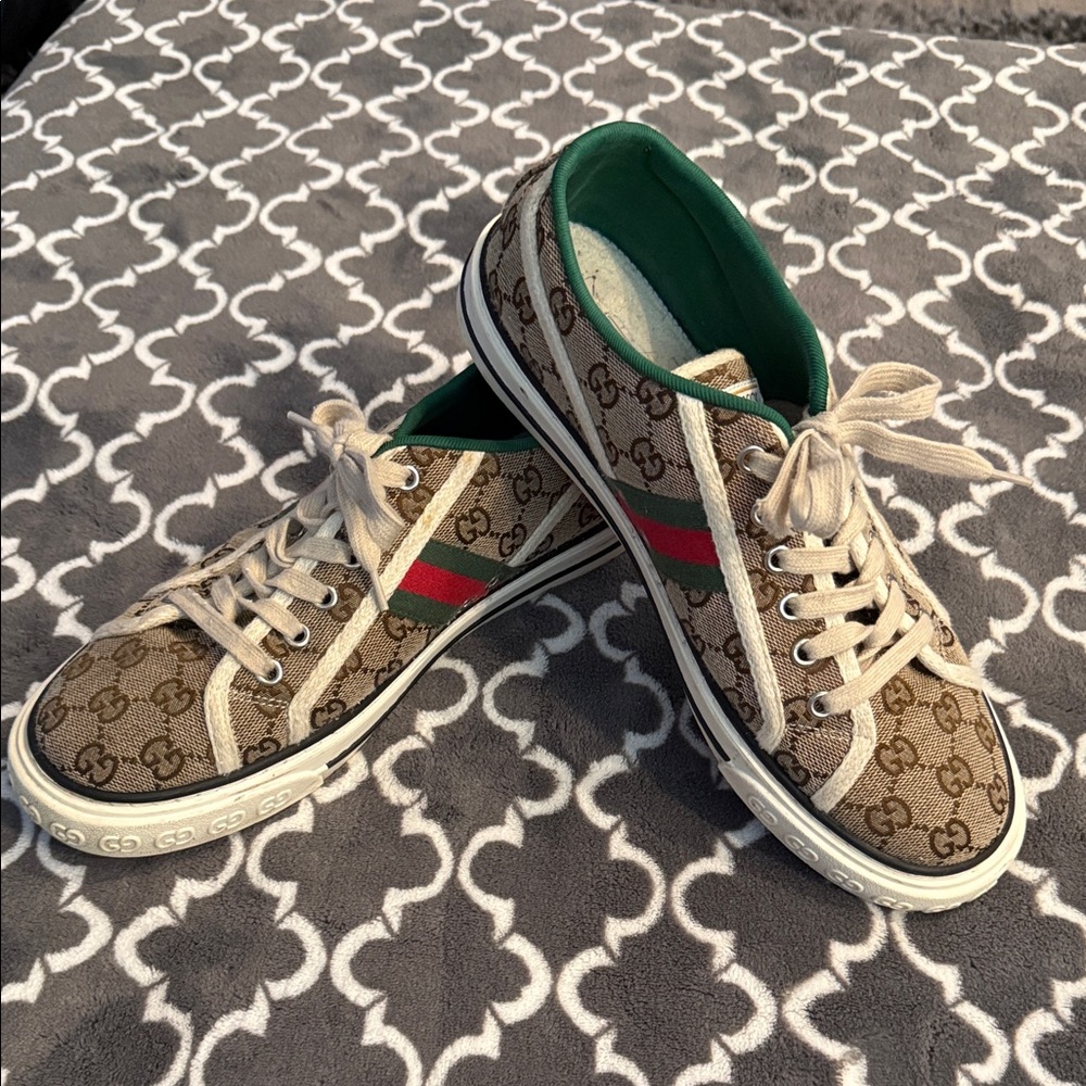 Gucci Brown Monogram Sneakers with Green and Red Stripe